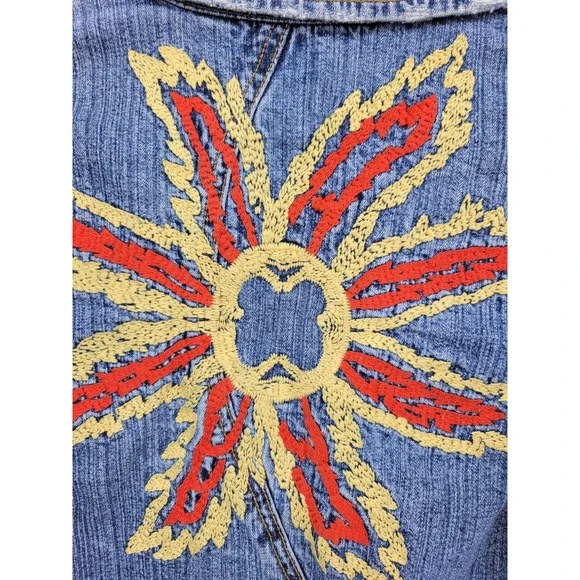 Tempo 2 Denim Jean Jacket Embroidered Collared Yellow Red Y2K 90s Cotton Flower - Picture 5 of 10